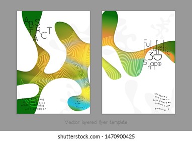 Set of abstract universal flyer templates with simple wavy shapes and cut paper with shadow over striped background. Social media web banner. Bright colored isolated.
