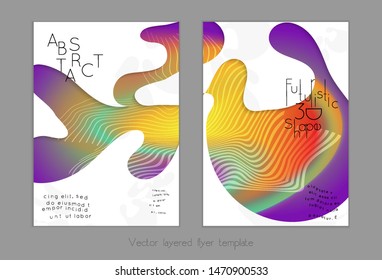 Set of abstract universal flyer templates with simple wavy shapes and cut paper with shadow over striped background. Social media web banner. Bright colored isolated.