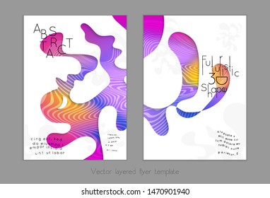 Set of abstract universal flyer templates with simple wavy shapes and cut paper with shadow over striped background. Social media web banner. Bright colored isolated.
