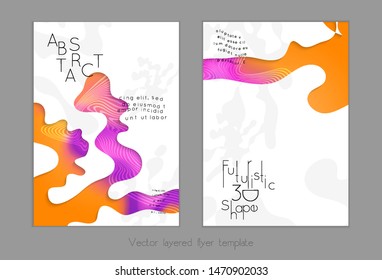 Set of abstract universal flyer templates with simple wavy shapes and cut paper with shadow over striped background. Social media web banner. Bright colored isolated.