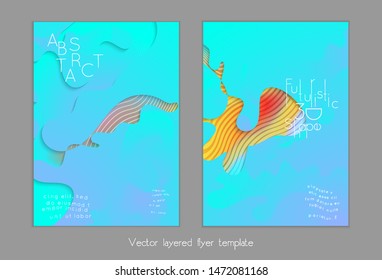 Set of abstract universal flyer templates with simple wavy shapes and cut paper with shadow over striped background. Social media web banner. Bright colored isolated.