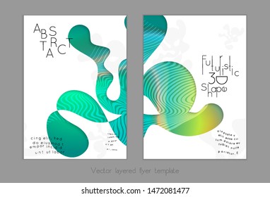 Set of abstract universal flyer templates with simple wavy shapes and cut paper with shadow over striped background. Social media web banner. Bright colored isolated.