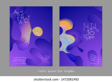 Set of abstract universal flyer templates with simple wavy shapes and cut paper with shadow over striped background. Social media web banner. Bright colored isolated.