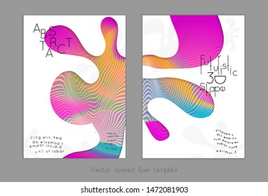 Set of abstract universal flyer templates with simple wavy shapes and cut paper with shadow over striped background. Social media web banner. Bright colored isolated.