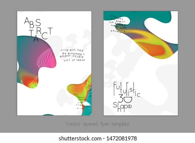 Set of abstract universal flyer templates with simple wavy shapes and cut paper with shadow over striped background. Social media web banner. Bright colored isolated.