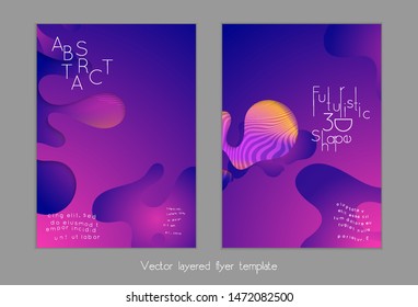 Set of abstract universal flyer templates with simple wavy shapes and cut paper with shadow over striped background. Social media web banner. Bright colored isolated.