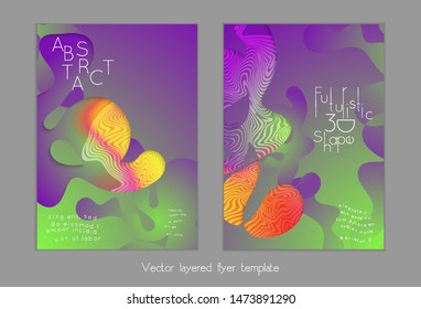 Set of abstract universal flyer templates with simple wavy shapes and cut paper with shadow over striped background. Social media web banner. Bright colored isolated.