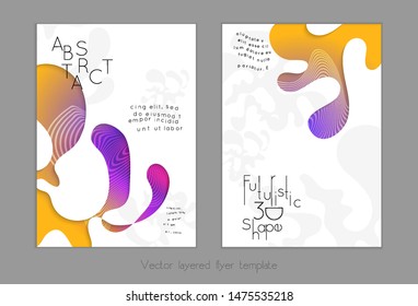Set of abstract universal flyer templates with simple wavy shapes and cut paper with shadow over striped background. Social media web banner. Bright colored isolated.