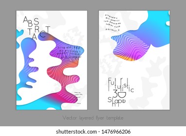 Set of abstract universal flyer templates with simple wavy shapes and cut paper with shadow over striped background. Social media web banner. Bright colored isolated.
