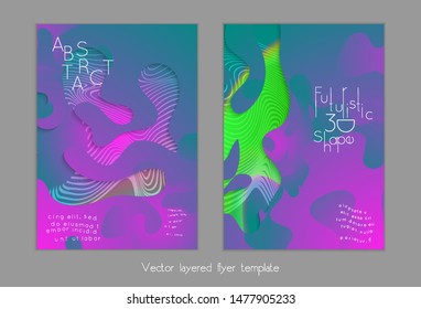 Set of abstract universal flyer templates with simple wavy shapes and cut paper with shadow over striped background. Social media web banner. Bright colored isolated.