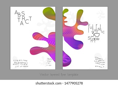 Set of abstract universal flyer templates with simple wavy shapes and cut paper with shadow over striped background. Social media web banner. Bright colored isolated.