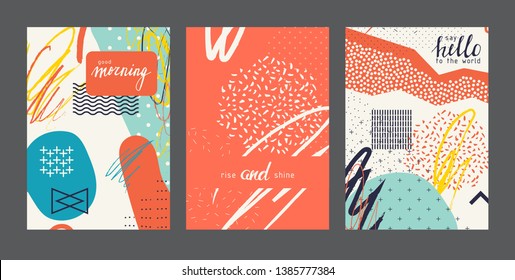 Set of abstract universal geometric cards. Designs for prints, wedding, anniversary, birthday, Valentine's day, party invitations, posters, cards, etc. Vector. Isolated.
