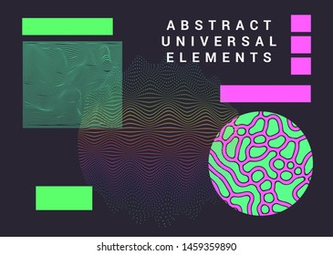 Set of abstract universal geometric elements for design on dark background. Vaporwave cyberpunk style, vivid neon color tones.