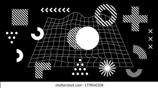 Set of abstract universal geometric elements and shapes for design. Futuristic neo-memphis composition on dark background. Vector illustration.