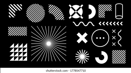 Set of abstract universal geometric elements and shapes for design. Futuristic neo-memphis composition on dark background. Vector illustration.