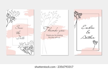 Set of abstract universal templates with watercolor stains and strokes and herb branches.