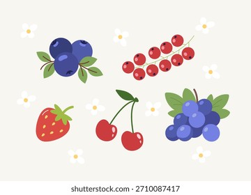 Conjunto de arte abstracto de Clip de varias bayas: arándano, grosella, fresa, cereza, uvas. Moderno estilo de dibujos animados minimalista de color plano de moda. Dieta saludable, concepto vegetariano. Ilustración vectorial colorida