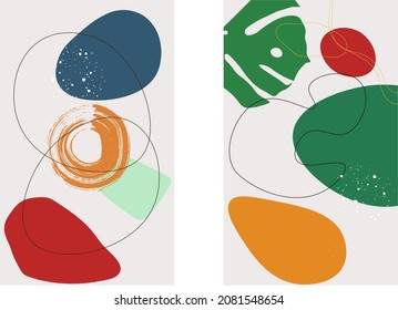 Set of abstract various multicolored shapes with white dots and green tropic monstera leaf. Modern temporary trendy seamless pattern. Vector illustration.