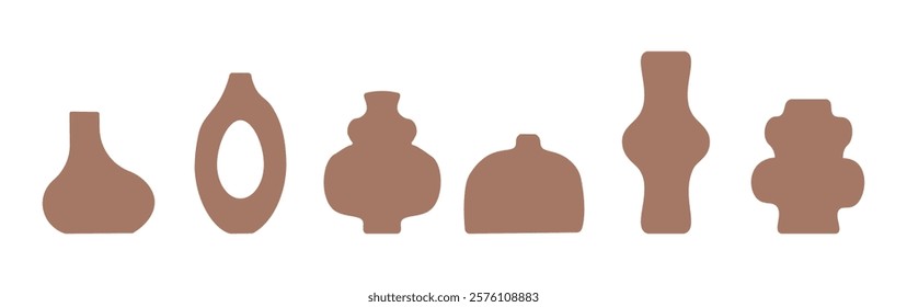 Set of abstract vase silhouettes in brown. Various modern, geometric pottery designs. Cozy home decor handmade boho. Vector  illustration