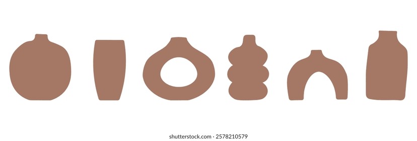 Set of abstract vase silhouettes in brown. Various modern, geometric pottery designs. Cozy home decor handmade boho. Vector  illustration