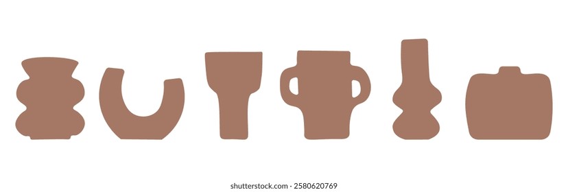Set of abstract vase silhouettes in brown. Various modern, geometric pottery designs. Cozy home decor handmade boho. Vector  illustration