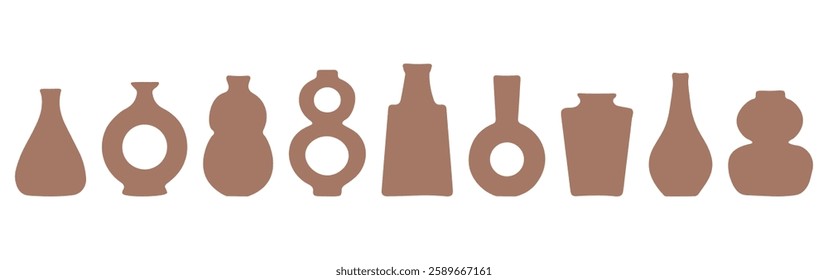 Set of abstract vase silhouettes in brown. Various modern, geometric pottery designs. Cozy home decor handmade boho. Vector  illustration