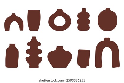 Set of abstract vase silhouettes in brown. Various modern, geometric pottery designs. Cozy home decor handmade boho. Vector  illustration