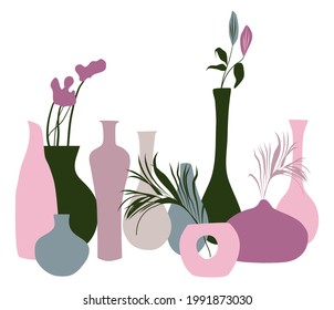 Set of abstract vases with palm leaves and dried flowers.Pastel colored hand drawn illustration. Decorative floral design elements for scrapbooking,patterns.Jugs and vessels in trendy style. Ikebana