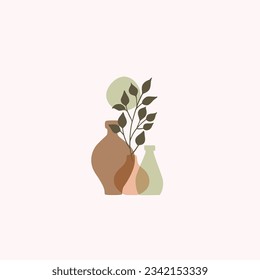 Set of abstract vases with palm leaves and dry flowers. Pastel colored hand drawn illustration. Decorative floral design element for scrapbooking, pattern. stock illustration