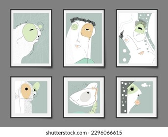 Set of abstract vector art, person, woman face. Illustration minimal line drawing, doodle female portrait. Modern contemporary graphic design for fashion, poster, print, invitation template background