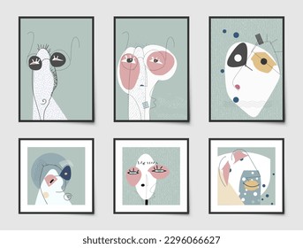 Set of abstract vector art, person, woman face. Illustration minimal line drawing, doodle female portrait. Modern contemporary graphic design for fashion, poster, print, invitation template background