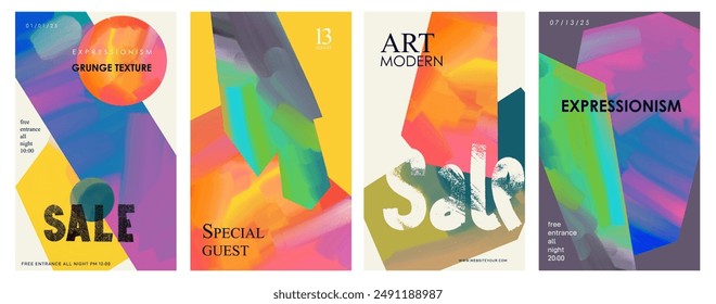 Set of abstract vector background with colored bright acrylic textured shapes. Hand drawn artistic social media post design. Collage art digital paint banner. Template vector layout with brush stroke.