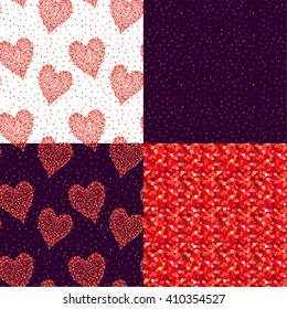 Set of abstract vector background  with glittering circles and hearts. Shining red festive texture.