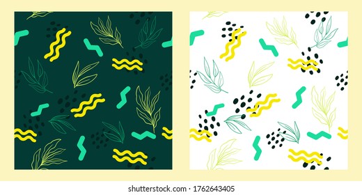 set of abstract vector background. Seamless repeat pattern leaf decoration. Flat style trendy wallpaper.