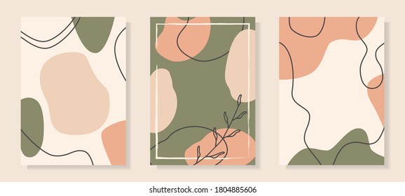 Set of abstract vector backgrounds. Contains unusual colored shapes, tropical leaves, curved lines and warm colors. Suitable for social media stories and creative posts. Template for text and images.