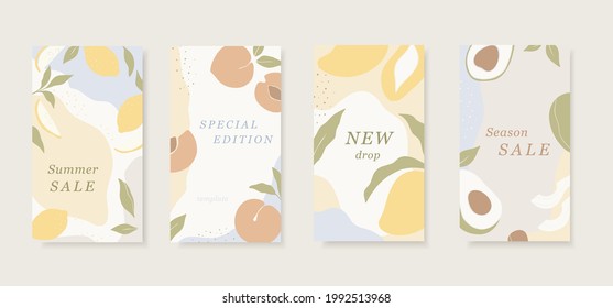 Set of abstract vector backgrounds with copy space for text. Simple shapes of fruits. Trendy stories wallpapers in pastel colors. Summer sale banners set.