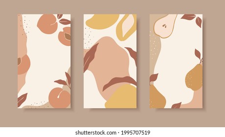 Set of abstract vector backgrounds with copy space for text. Simple shapes of fruits. Trendy stories wallpapers in boho style.