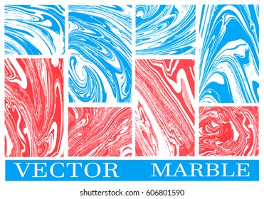 Set of abstract vector backgrounds.  Ink marble textures. Ebru art in blue, red and  black colors