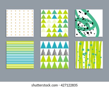 Set of abstract vector backgrounds.Triangle, stripes and dots backgrounds in green and blue colors