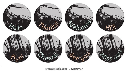 Set of abstract vector badges, inspired by close-up wooden texture, with pastel hand written greetings, speech and thought messages.