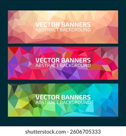 A set of abstract vector banners with colorful geometric polygonal backgrounds in shades of peach, red, purple, green, and blue