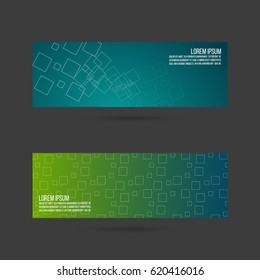 Set of abstract vector banners, header. Layout footer design. Dynamics and movement square, rectangle, rhombus, texture on green gradient. Vector illustration. 