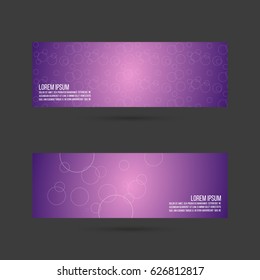 Set of abstract vector banners, header. Layout footer design. Dynamics and movement round, oval, bubble, circle, texture on purple, violet gradient. Vector illustration. 