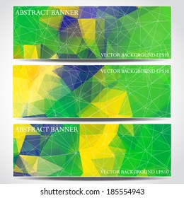 Set of abstract vector banners with triangle object in the colors of the Brazilian flag.