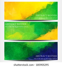 Set of abstract vector banners with triangle object in the colors of the Brazilian flag.