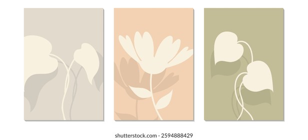 Set of abstract vector botanical posters with foliage. Leaves, flowers, organic shapes, boho, earth colors. Illustration design for eco packaging, interior, cover, wall art, wallpaper.