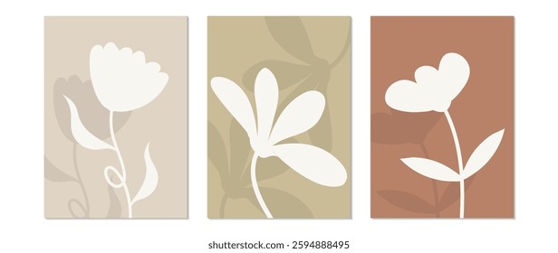 Set of abstract vector botanical posters with foliage. Leaves, flowers, organic shapes, boho, earth colors. Illustration design for eco packaging, interior, cover, wall art, wallpaper.