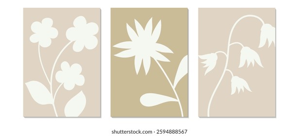 Set of abstract vector botanical posters with foliage. Leaves, flowers, organic shapes, boho, earth colors. Illustration design for eco packaging, interior, cover, wall art, wallpaper.