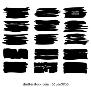 Set of abstract vector brush strokes. Black backgrounds, spots. handmade