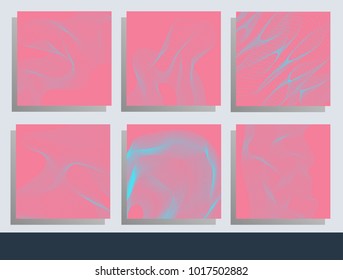 Set of abstract vector cards with blue liqued curved lines on pink background. Applicable for Covers, Placards, Posters, Flyers and Banner Designs.